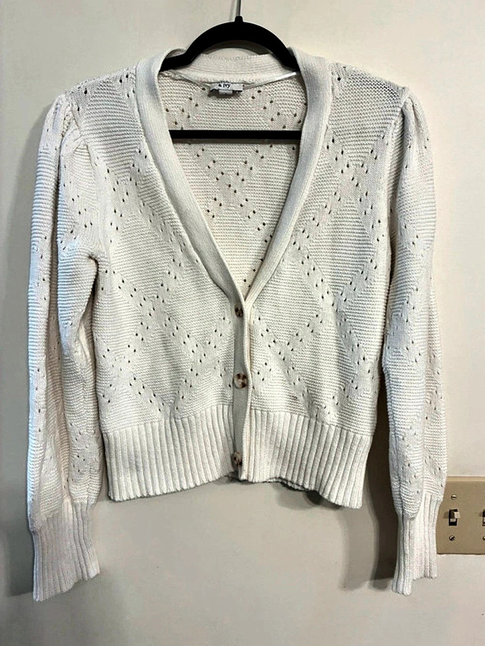 Crown & Ivy Cotton Open Knit Cardigan White Size Small